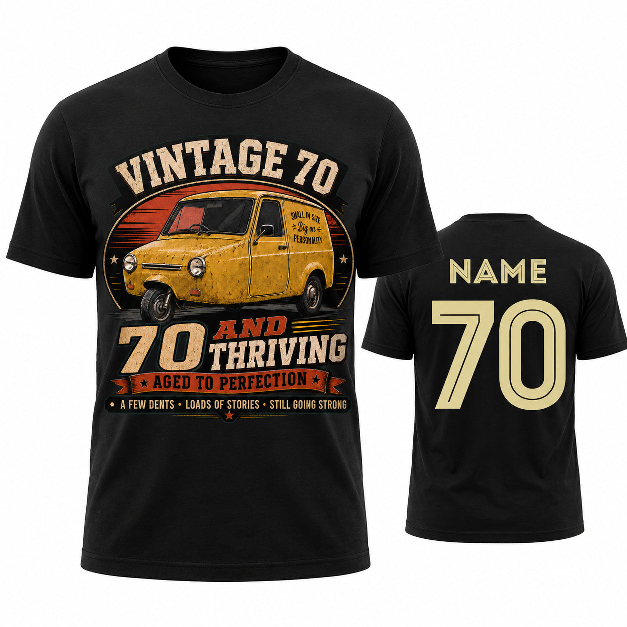 Personalised Vintage 70 and Thriving Three-Wheel Van 70th Birthday T-Shirt