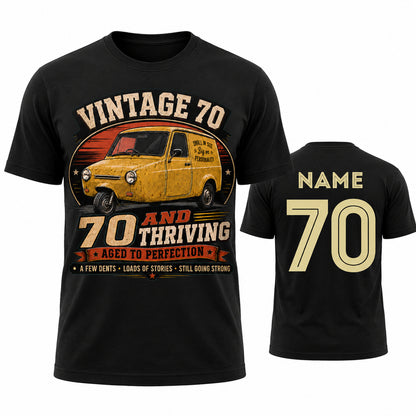 Personalised Vintage 70 and Thriving Three-Wheel Van 70th Birthday T-Shirt