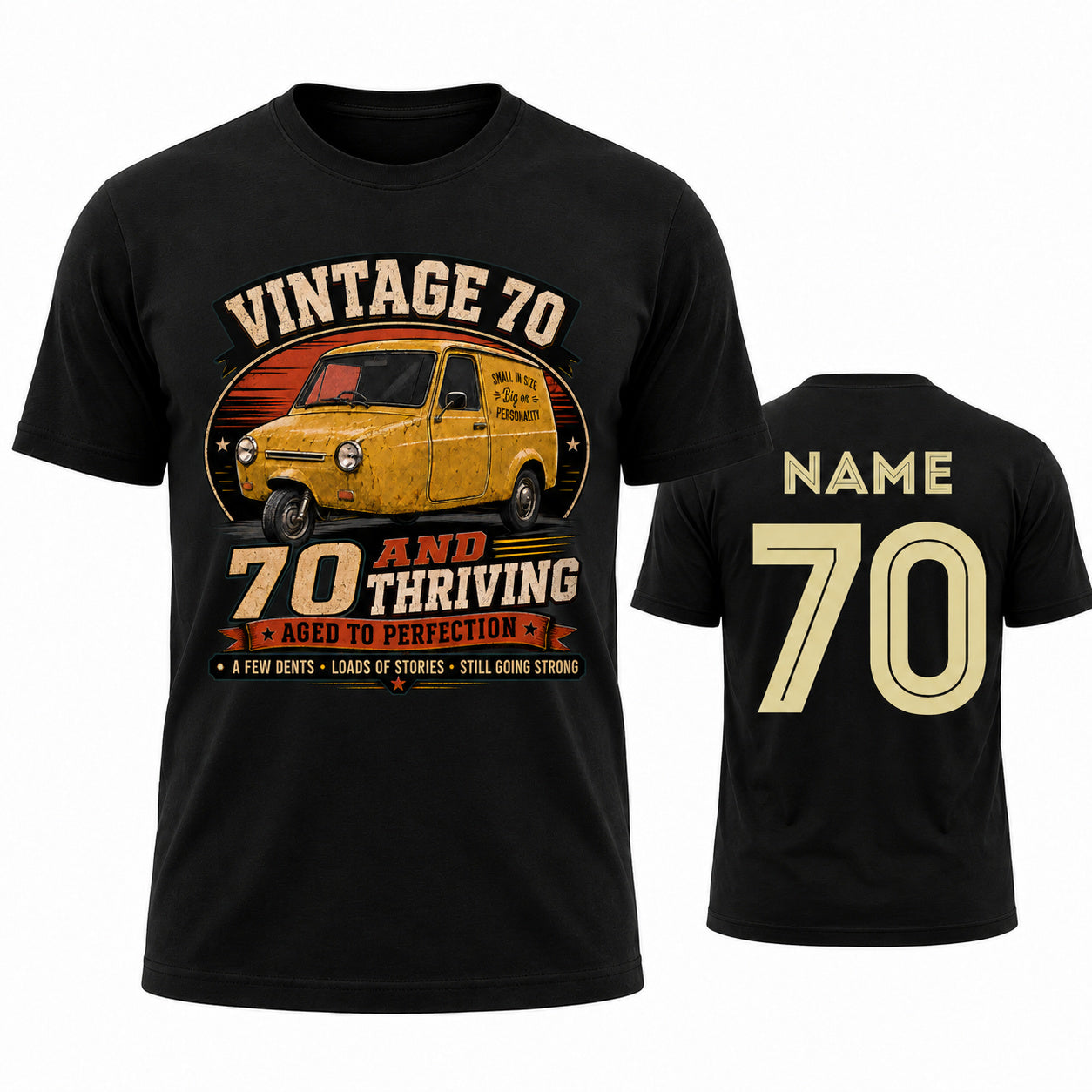 Personalised Vintage 70 and Thriving Three-Wheel Van 70th Birthday T-Shirt