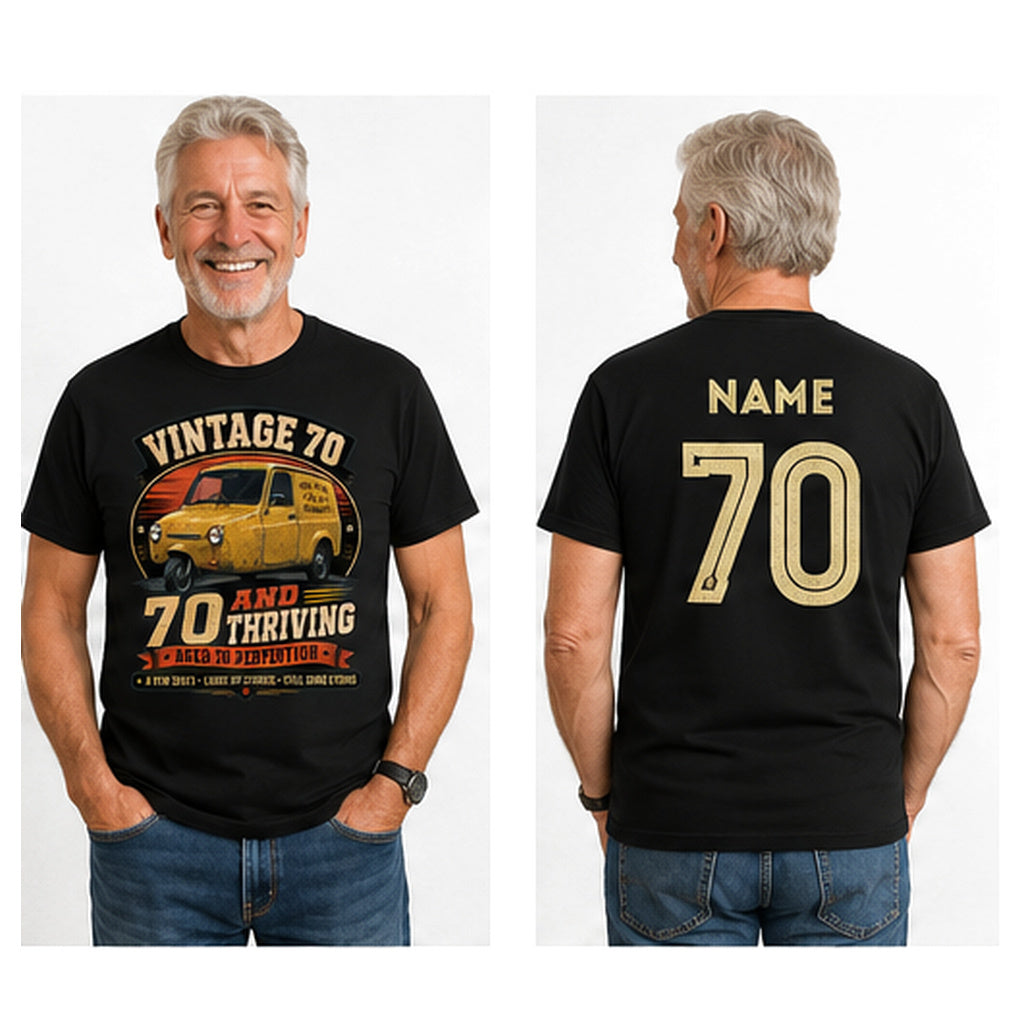 Personalised Vintage 70 and Thriving Three-Wheel Van 70th Birthday T-Shirt