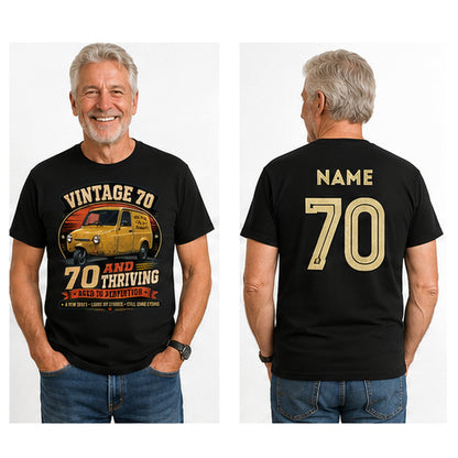 Personalised Vintage 70 and Thriving Three-Wheel Van 70th Birthday T-Shirt