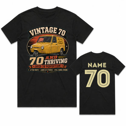 Personalised Vintage 70 and Thriving Three-Wheel Van 70th Birthday T-Shirt