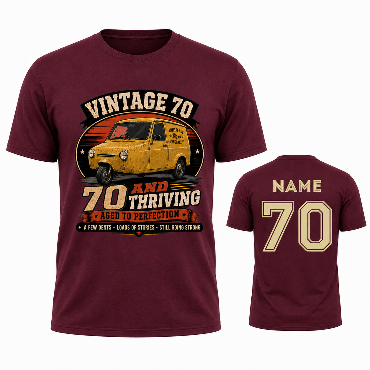 Personalised Vintage 70 and Thriving Three-Wheel Van 70th Birthday T-Shirt
