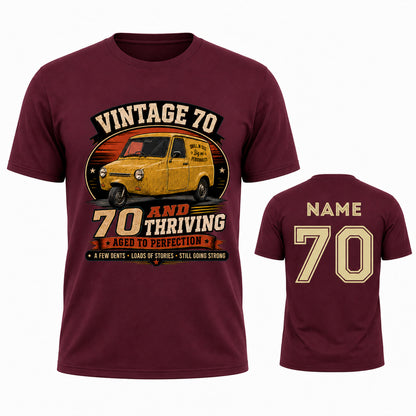 Personalised Vintage 70 and Thriving Three-Wheel Van 70th Birthday T-Shirt