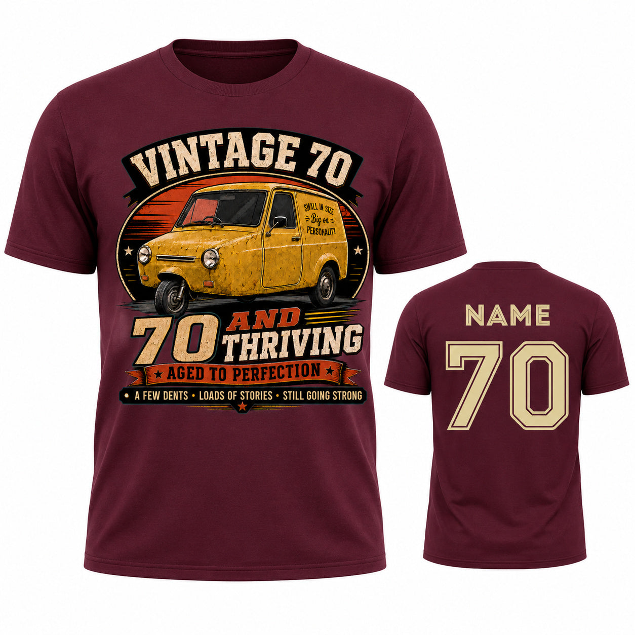 Personalised Vintage 70 and Thriving Three-Wheel Van 70th Birthday T-Shirt