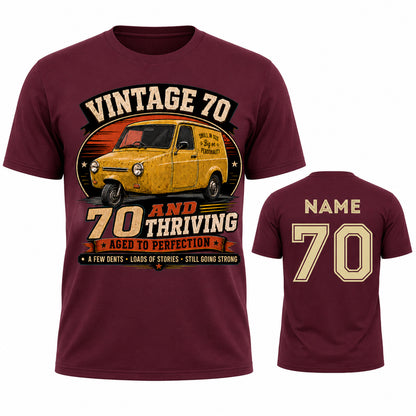 Personalised Vintage 70 and Thriving Three-Wheel Van 70th Birthday T-Shirt