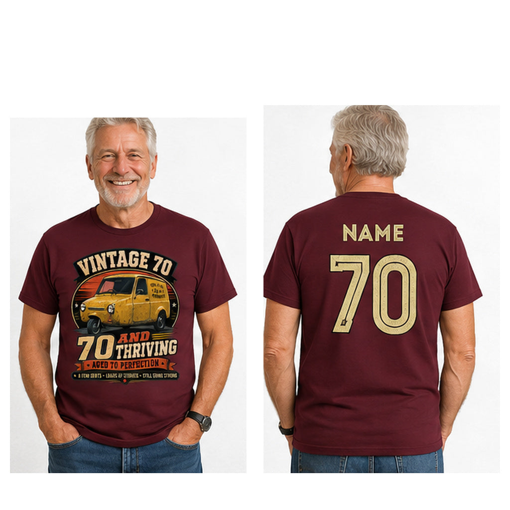 Personalised Vintage 70 and Thriving Three-Wheel Van 70th Birthday T-Shirt