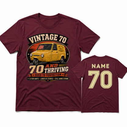 Personalised Vintage 70 and Thriving Three-Wheel Van 70th Birthday T-Shirt