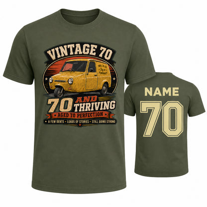 Personalised Vintage 70 and Thriving Three-Wheel Van 70th Birthday T-Shirt