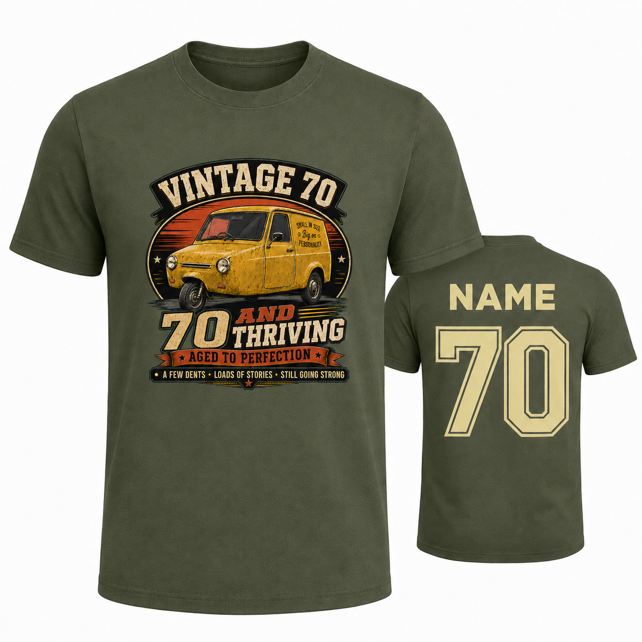 Personalised Vintage 70 and Thriving Three-Wheel Van 70th Birthday T-Shirt