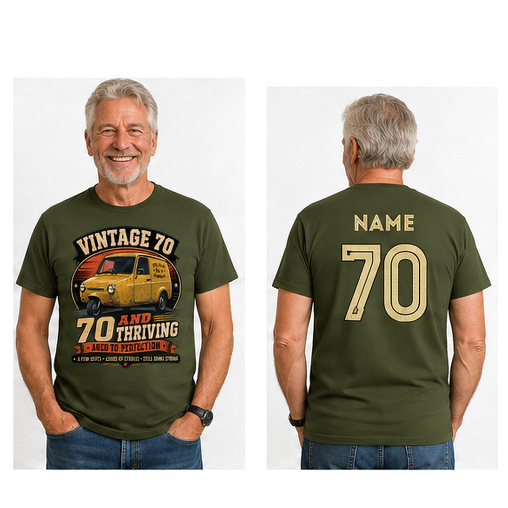 Personalised Vintage 70 and Thriving Three-Wheel Van 70th Birthday T-Shirt