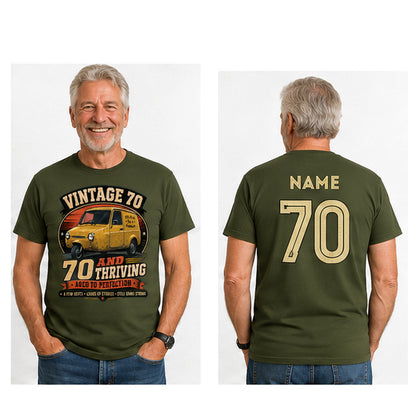 Personalised Vintage 70 and Thriving Three-Wheel Van 70th Birthday T-Shirt