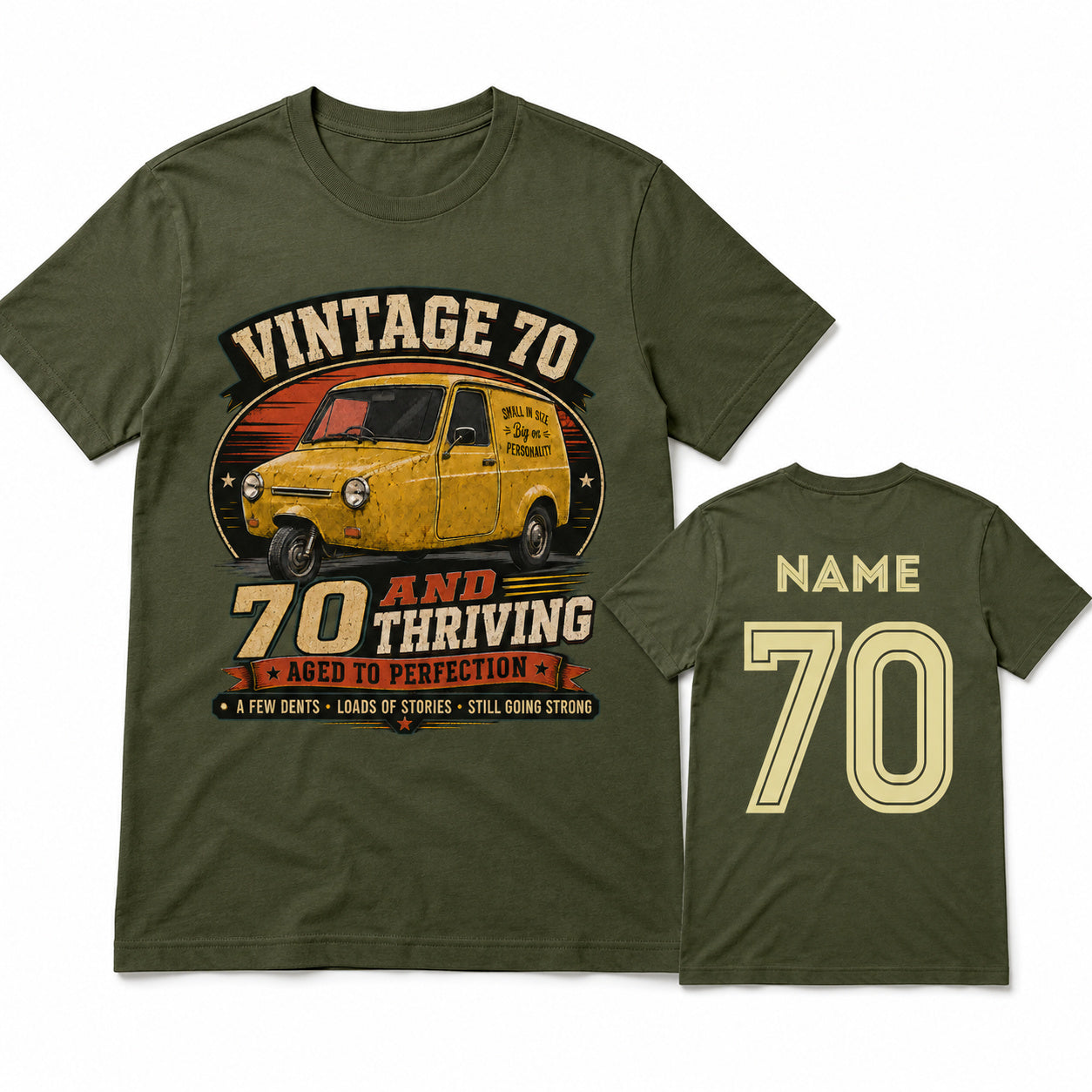 Personalised Vintage 70 and Thriving Three-Wheel Van 70th Birthday T-Shirt