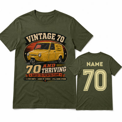 Personalised Vintage 70 and Thriving Three-Wheel Van 70th Birthday T-Shirt