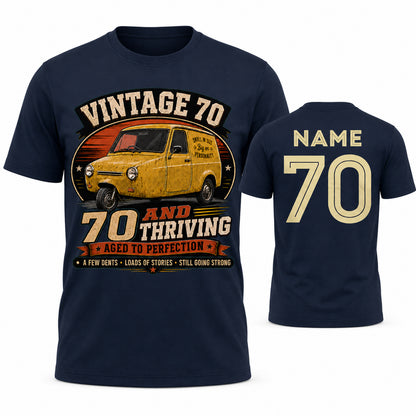 Personalised Vintage 70 and Thriving Three-Wheel Van 70th Birthday T-Shirt
