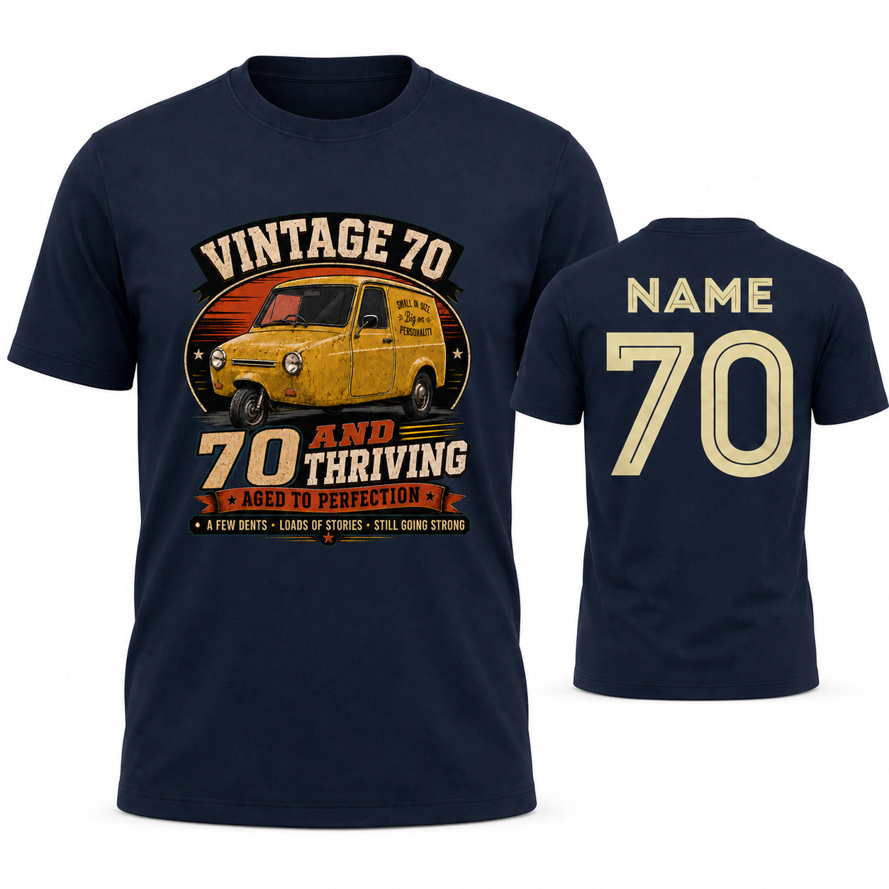 Personalised Vintage 70 and Thriving Three-Wheel Van 70th Birthday T-Shirt