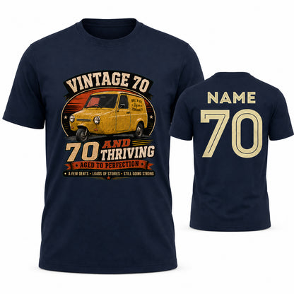 Personalised Vintage 70 and Thriving Three-Wheel Van 70th Birthday T-Shirt