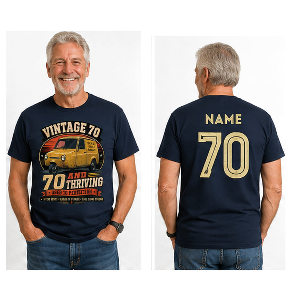 Personalised Vintage 70 and Thriving Three-Wheel Van 70th Birthday T-Shirt