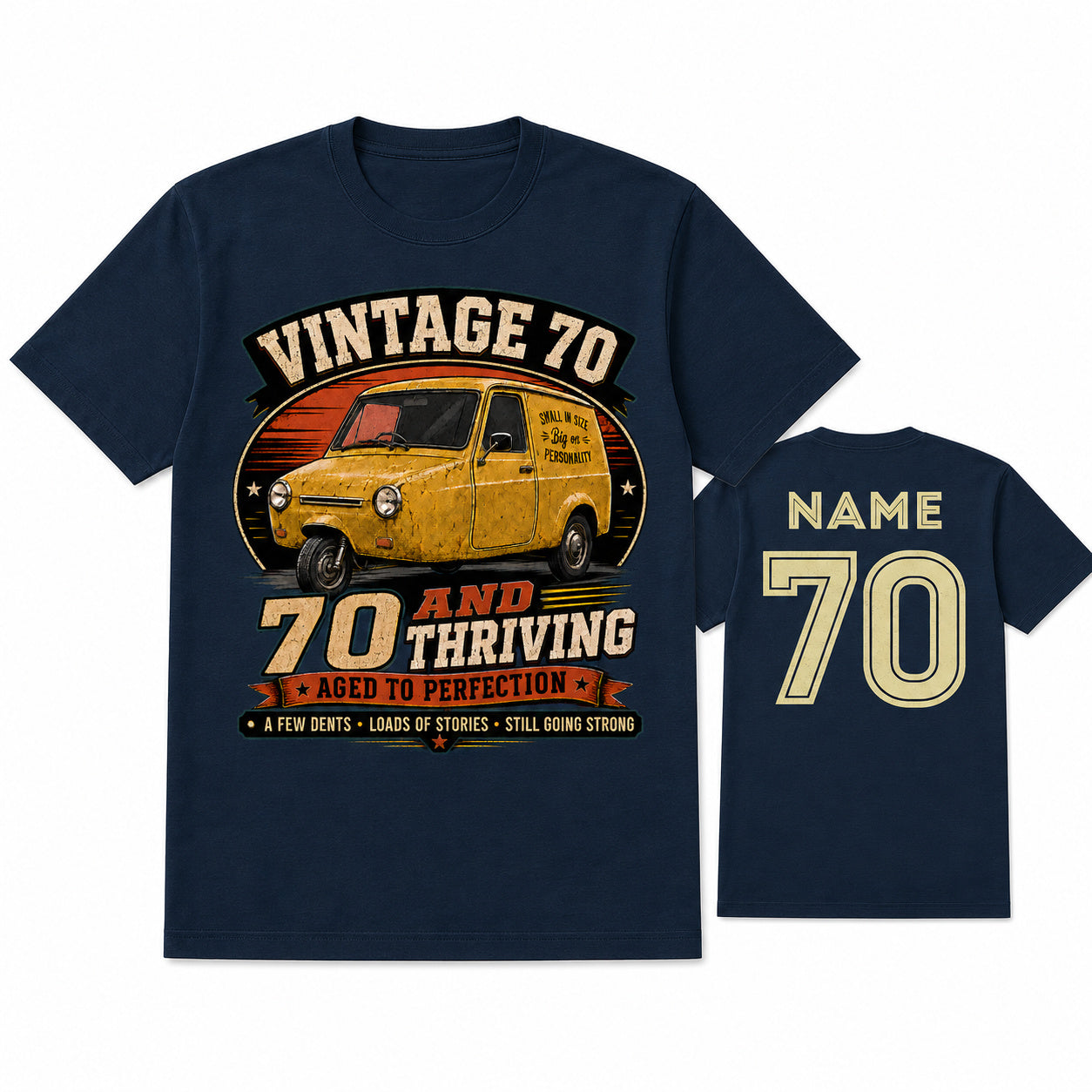 Personalised Vintage 70 and Thriving Three-Wheel Van 70th Birthday T-Shirt