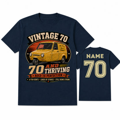 Personalised Vintage 70 and Thriving Three-Wheel Van 70th Birthday T-Shirt