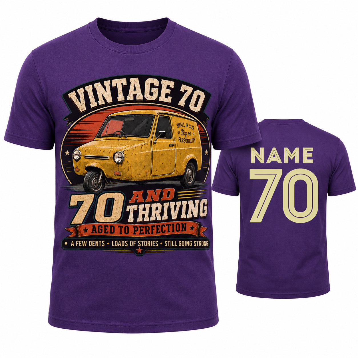 Personalised Vintage 70 and Thriving Three-Wheel Van 70th Birthday T-Shirt