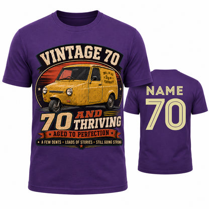 Personalised Vintage 70 and Thriving Three-Wheel Van 70th Birthday T-Shirt