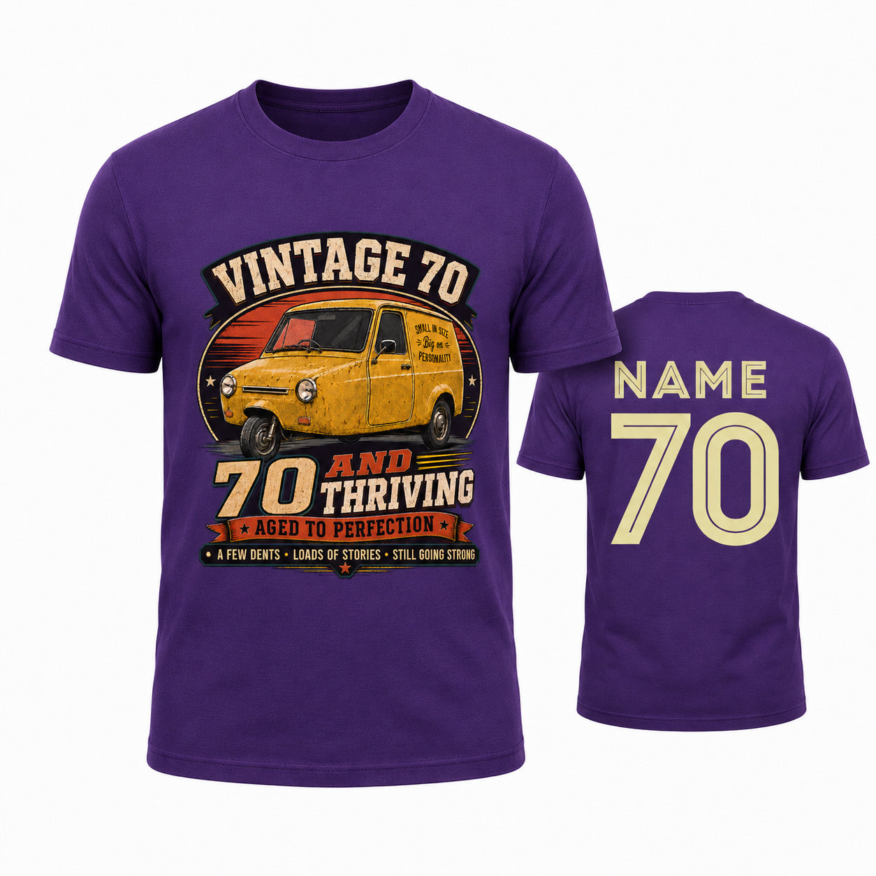 Personalised Vintage 70 and Thriving Three-Wheel Van 70th Birthday T-Shirt