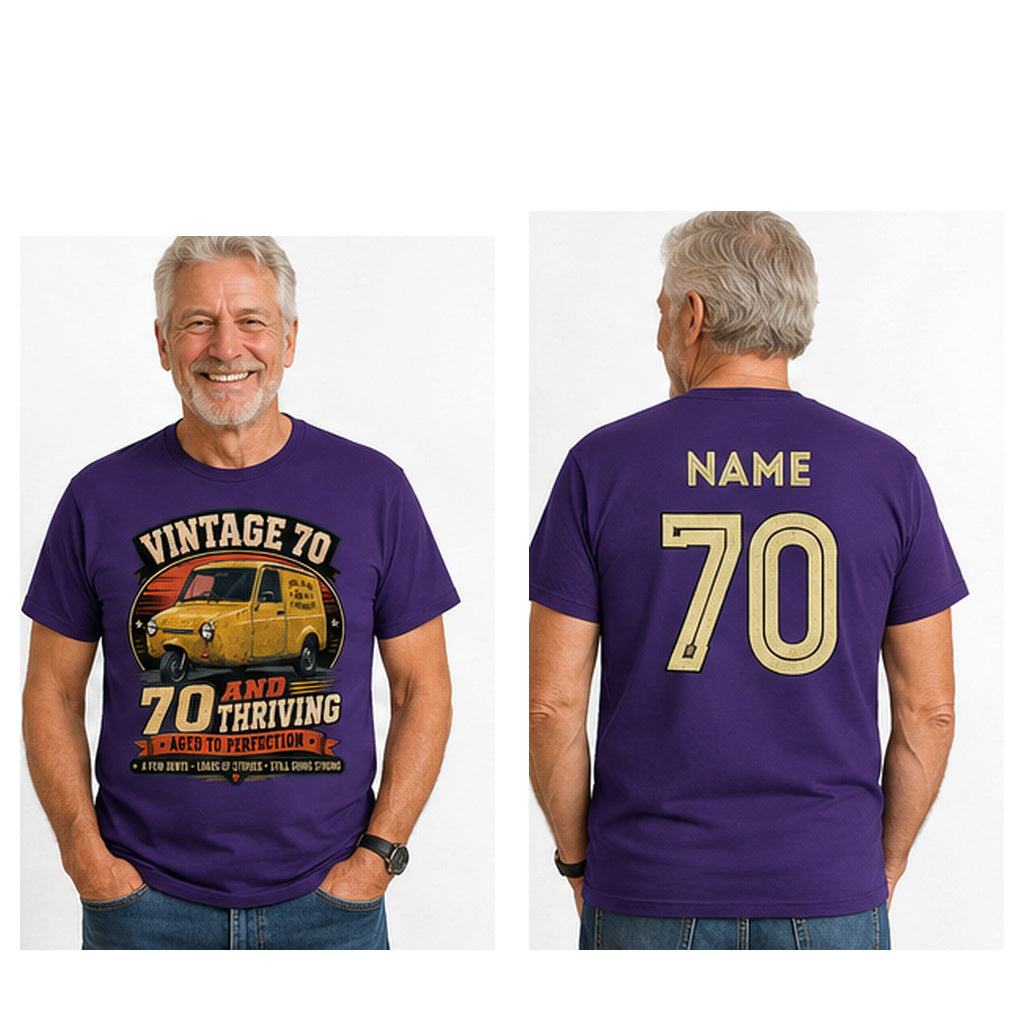 Personalised Vintage 70 and Thriving Three-Wheel Van 70th Birthday T-Shirt
