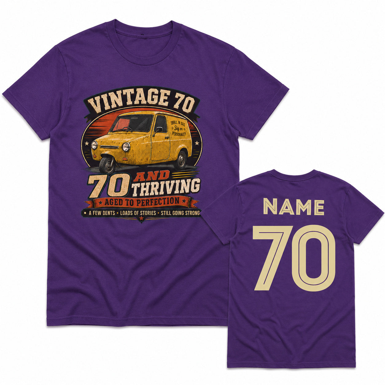 Personalised Vintage 70 and Thriving Three-Wheel Van 70th Birthday T-Shirt