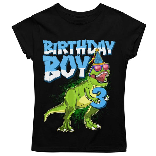 Kids 3rd Birthday Dinosaur T Shirt Party T-rex Holding a Number ThreeGalaxy Tees