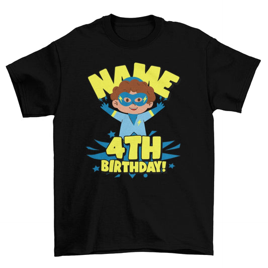 Kids Personalised Superhero 4th Birthday T-shirt with Childs Name On GGalaxy Tees