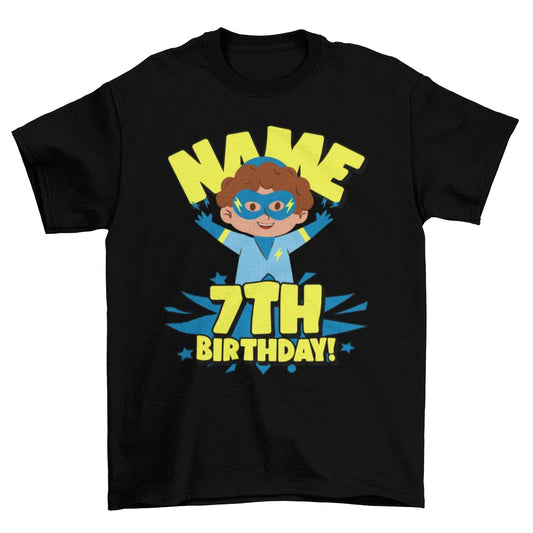 Kids Personalised Superhero 7th Birthday T-shirt with Childs Name On GGalaxy Tees