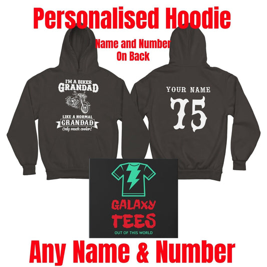 PERSONALISED Funny I'm A Biker Grandad Hoodie Name and Number on Back Galaxy Tees