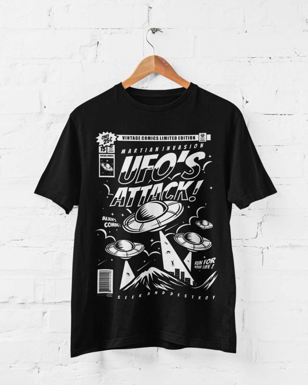 Retro Comic Book Style UFO's Attack T Shirt Funny Alien 50s Cinema StyGalaxy Tees