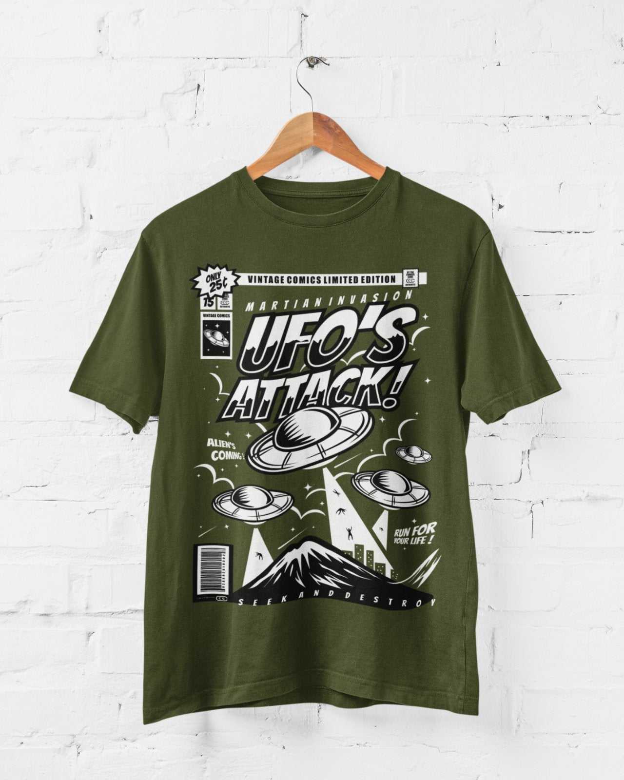 Retro Comic Book Style UFO's Attack T Shirt Funny Alien 50s Cinema StyGalaxy Tees