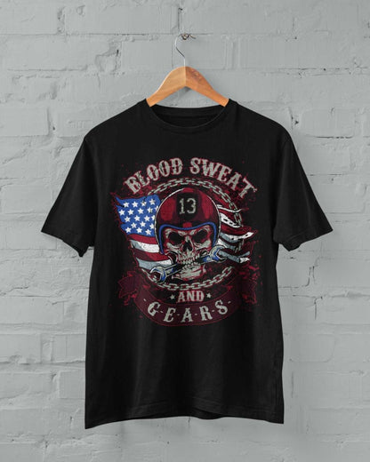Biker T-Shirt Blood Sweat and Gears Skull American Flag Design Motorcyle Gift T-Shirt