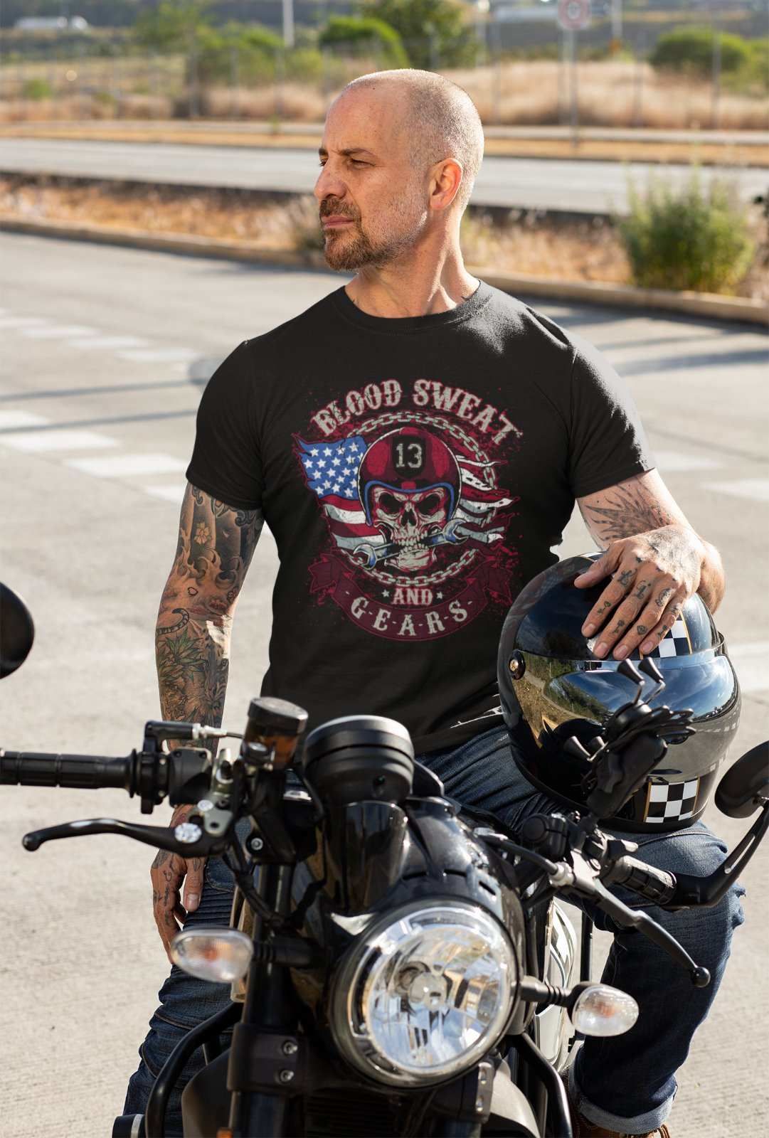 Biker T-Shirt Blood Sweat and Gears Skull American Flag Design Motorcyle Gift T-Shirt