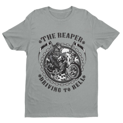 Biker T-Shirt The Reaper Driving To Hell Grim Death Classic Skull Motorbike Gift T-Shirt