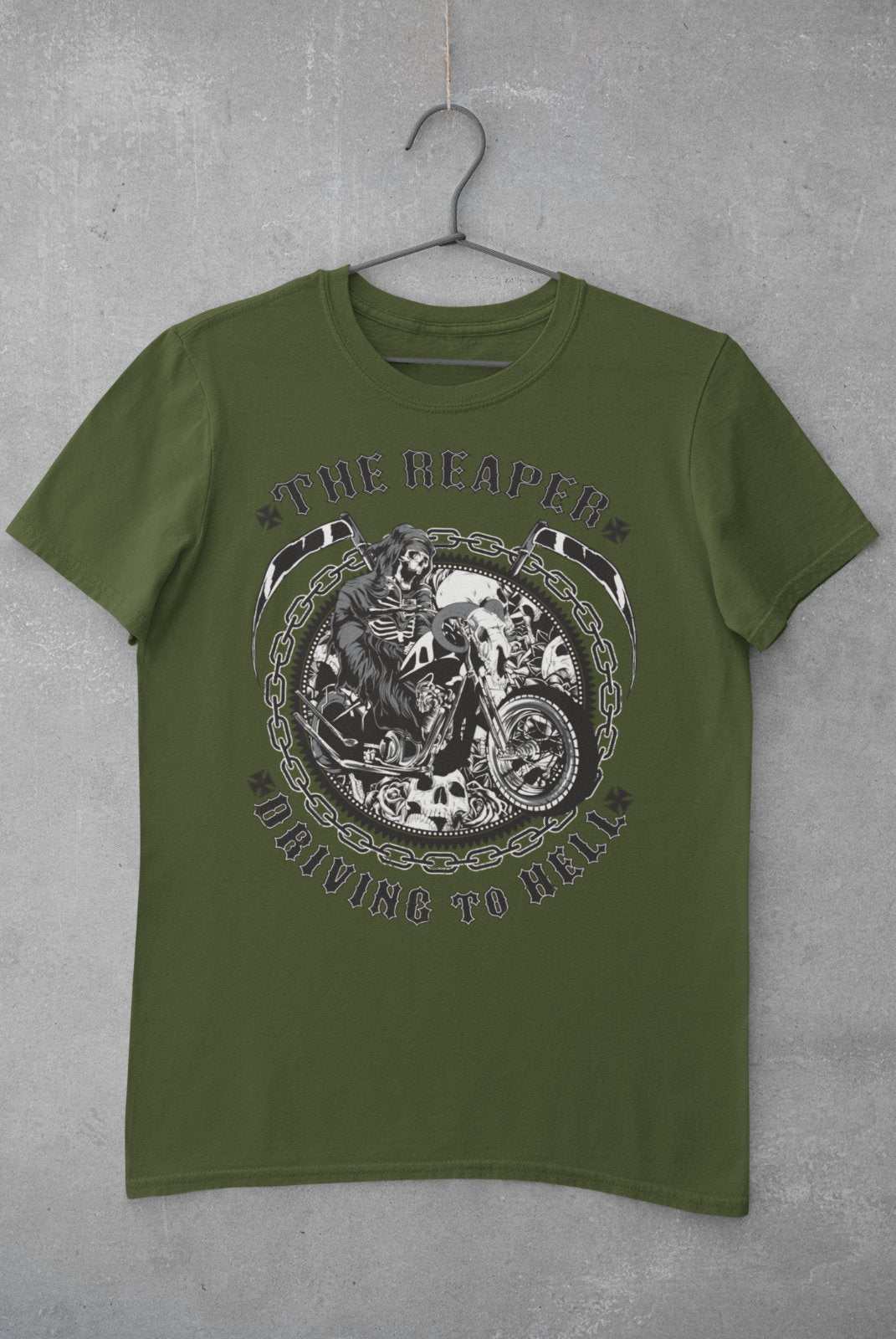 Biker T-Shirt The Reaper Driving To Hell Grim Death Classic Skull Motorbike Gift T-Shirt