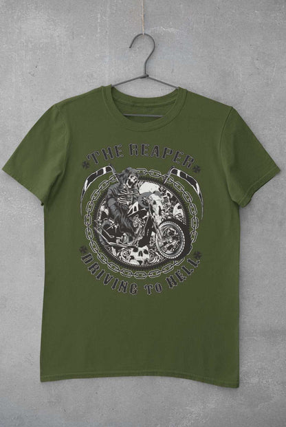 Biker T-Shirt The Reaper Driving To Hell Grim Death Classic Skull Motorbike Gift T-Shirt