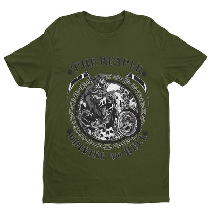 Biker T-Shirt The Reaper Driving To Hell Grim Death Classic Skull Motorbike Gift T-Shirt