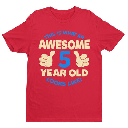 Boys' Awesome 5 Year Old Birthday T-Shirt in Red, front design view
