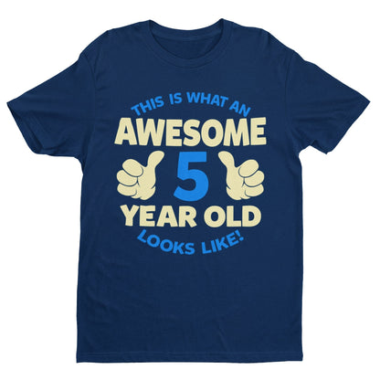 Boys' Awesome 5 Year Old Birthday T-Shirt in Navy, front design view