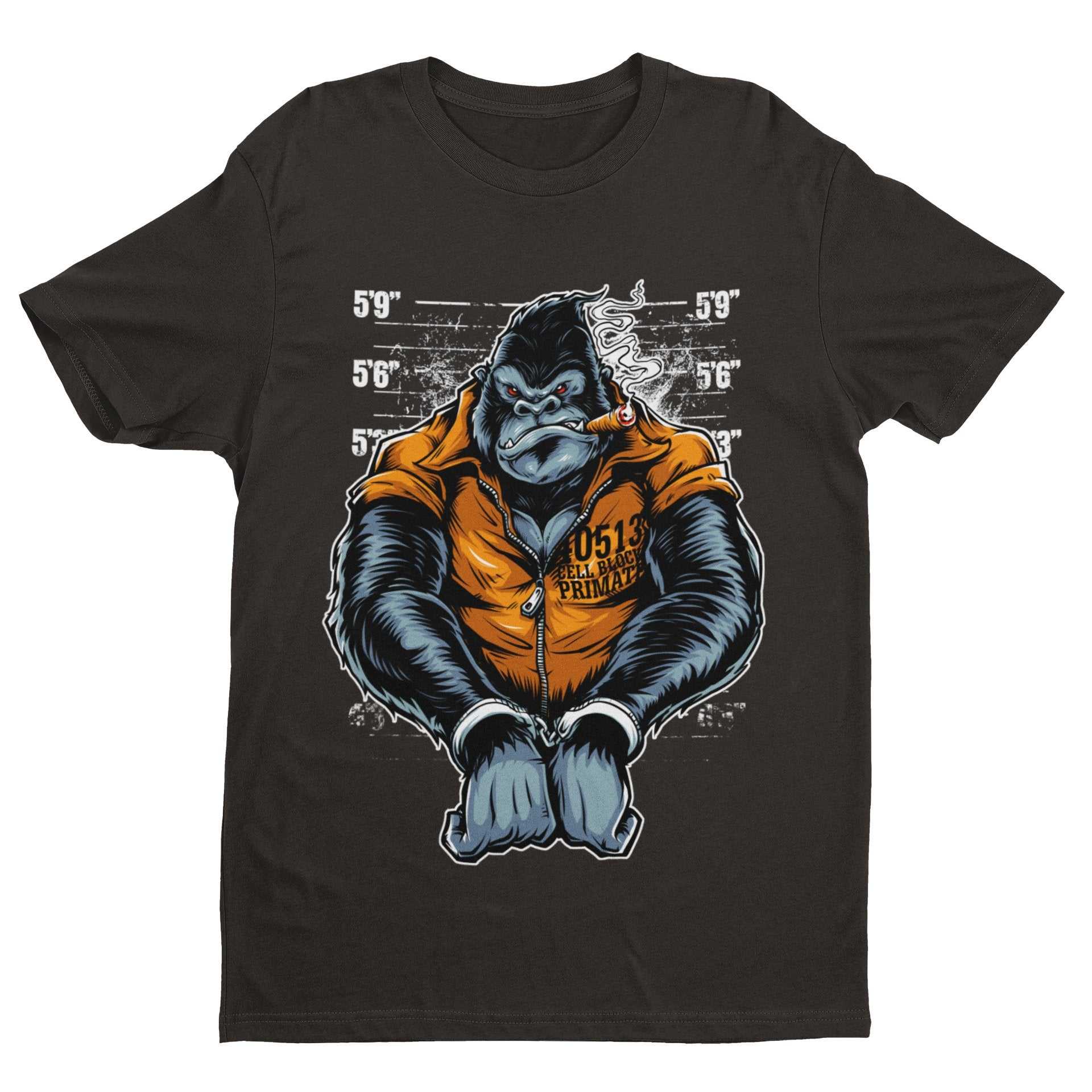 Cell Block Primate Funny T-Shirt Ape Gorilla Mugshot Handcuffs Smoking Cigar T-Shirt