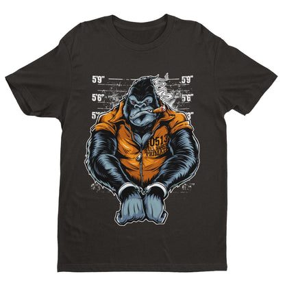 Cell Block Primate Funny T-Shirt Ape Gorilla Mugshot Handcuffs Smoking Cigar T-Shirt