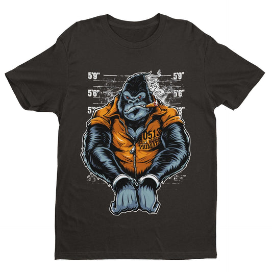 Cell Block Primate Funny T-Shirt Ape Gorilla Mugshot Handcuffs Smoking Cigar T-Shirt