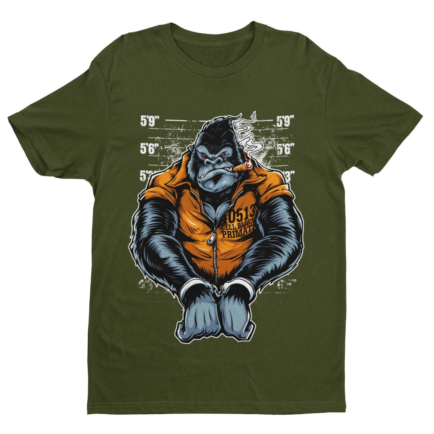 Cell Block Primate Funny T-Shirt Ape Gorilla Mugshot Handcuffs Smoking Cigar T-Shirt