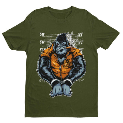 Cell Block Primate Funny T-Shirt Ape Gorilla Mugshot Handcuffs Smoking Cigar T-Shirt