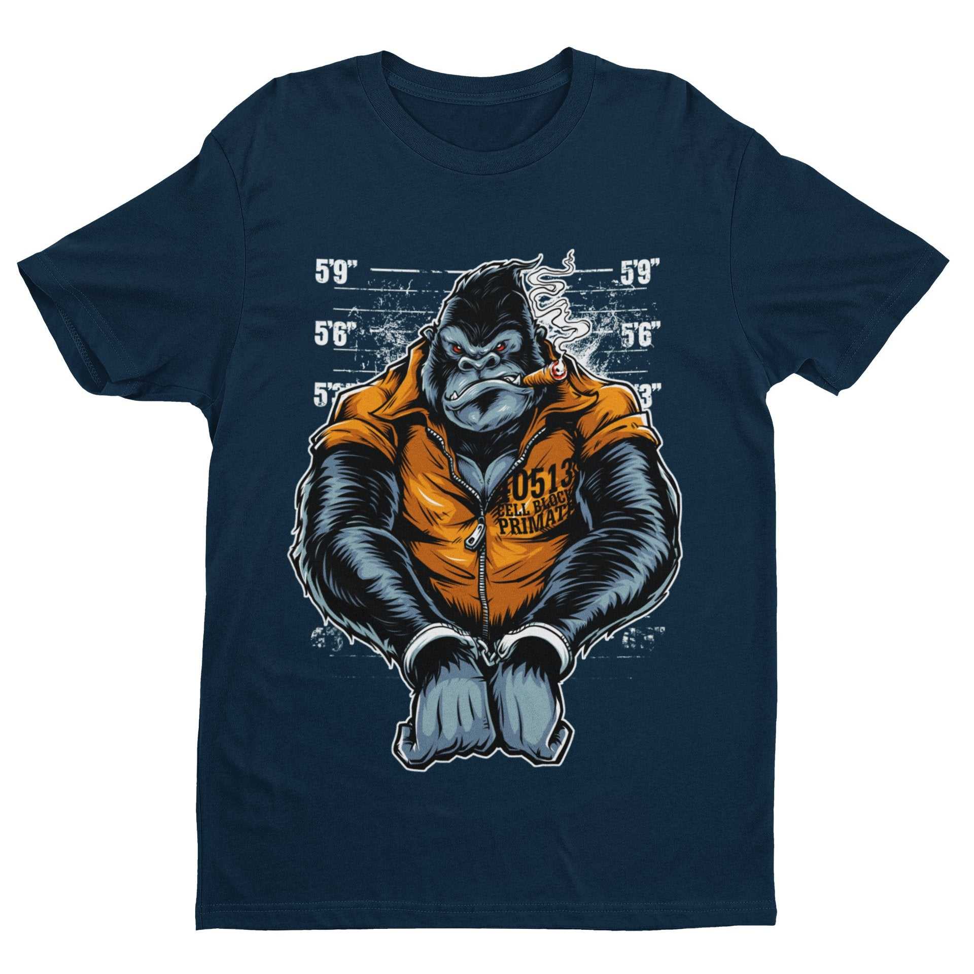 Cell Block Primate Funny T-Shirt Ape Gorilla Mugshot Handcuffs Smoking Cigar T-Shirt
