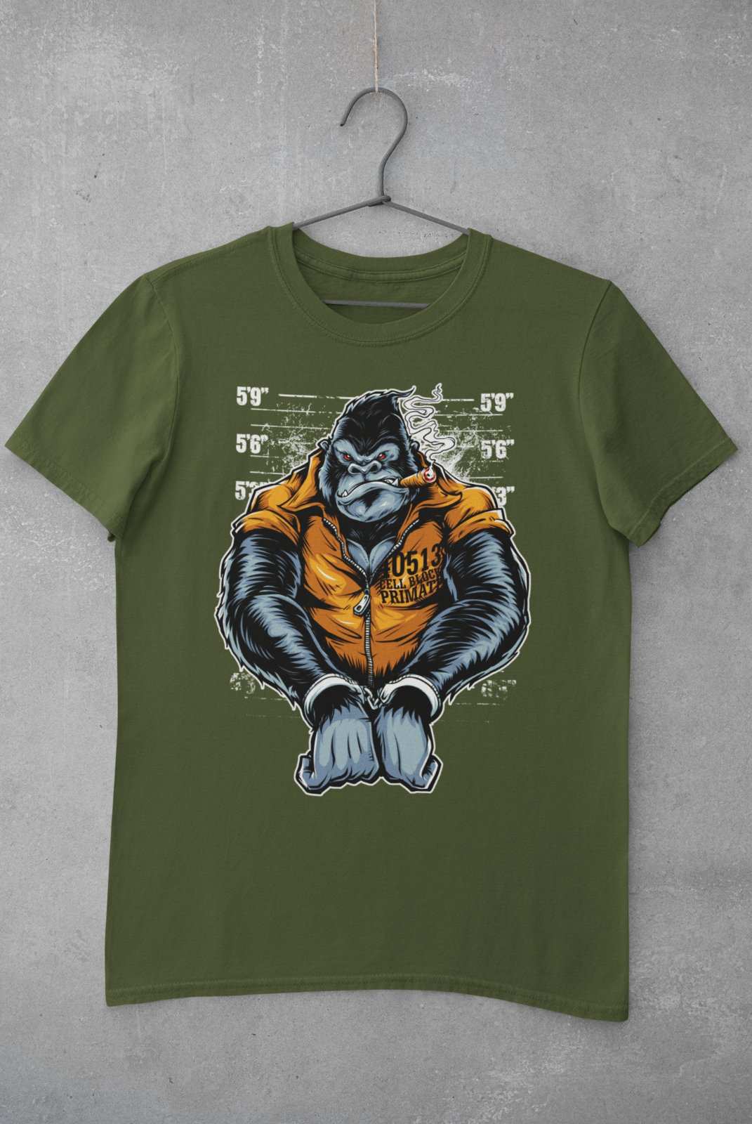Cell Block Primate Funny T-Shirt Ape Gorilla Mugshot Handcuffs Smoking Cigar T-Shirt